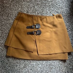 Meadow Rue Asymmetrical Tan Skirt with Buckle Accents